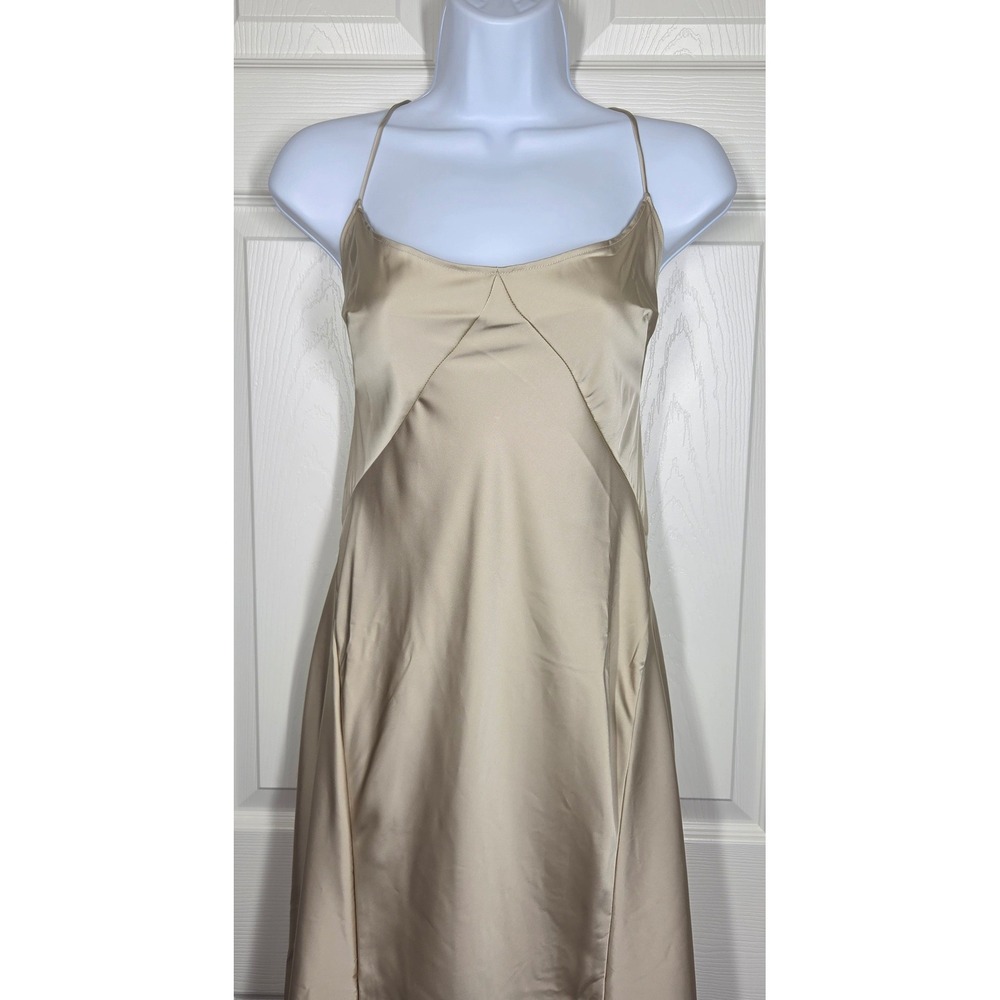 Gap Studio Satin Slip Dress Champagne Beige Maxi Formal Strappy Back Size 8 Chic - Picture 2 of 9